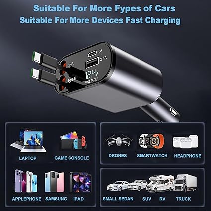 CARGADOR PARA AUTO RETRACTIL 4 EN 1