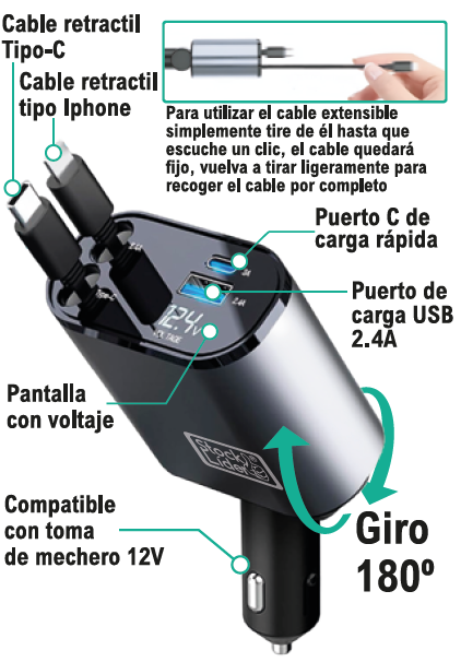 CARGADOR PARA AUTO RETRACTIL 4 EN 1
